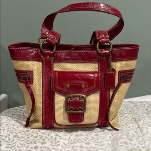 Coach Red and Tan Tote Bag with Patent Leather Trim